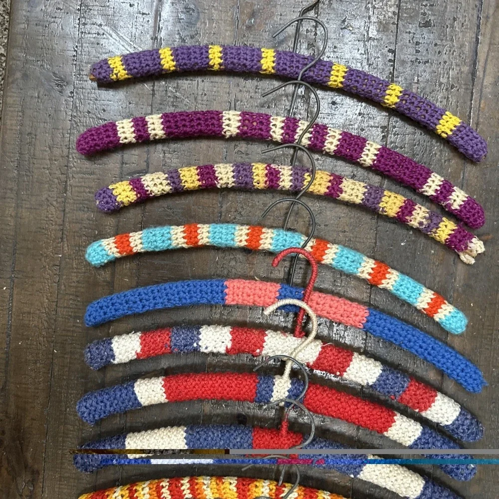 Lot 18 Vintage Crochet Covered Wooden Clothes Hangers Colorful Grannycore